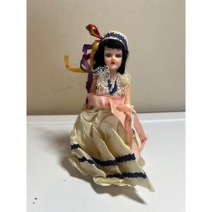 Vintage Souvenir Doll Blue Eyes Black Hair‎ Costume Dress Ribbon Accents
